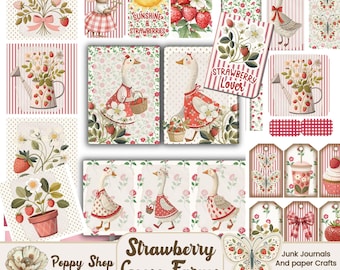 Strawberry Goose Ephemera, Goose Junk Journal, Strawberry Ephemera, Cottagecore Goose, Junk Journal Kit, Tags, Envelop, Cute Goose Printable
