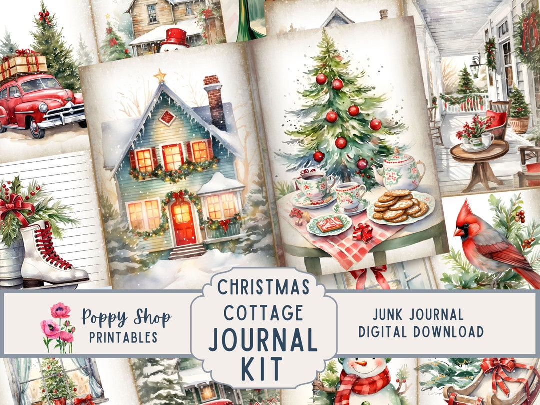 Christmas Cottage Junk Journal Pages and Ephemera Kit, Holiday ...