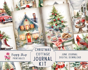 Christmas Cottage Junk Journal Kit, Holiday Junk Journal, Front Porch, Decorations, Printable, Christmas Ephemera, Journal Pages, Download