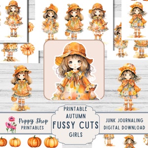 Autum Girls Fussy Cuts, Printable, Fall Girls, Cottage Girl, Cute, Fussy Cuts, Stickers, Junk Journal, Ephemera, Embellishments, Download.