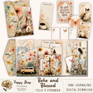 Puede incluir: Una colección de efímeras de diario basura Boho and Blessed, con diseños florales, mariposas e imágenes religiosas. Incluye un folio, listas de oración, etiquetas y tarjetas con citas e ilustraciones inspiradoras. La paleta de colores es suave y pastel.