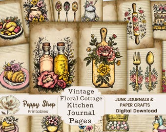 Vintage Kitchen Junk Journal, Cottagecore, Kitchen, Floral, Recipe, Baking, Cook Book, Pages, Ephemera. Junk Journal Pages, Kit, Decoupage,