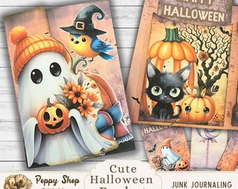 May include: Printable Halloween pocket card digital download. Two designs feature a ghost with a pumpkin, a bird, and flowers, and a black cat with a pumpkin. The text "Happy Halloween" and "Cute Halloween Pocket Card" are included.