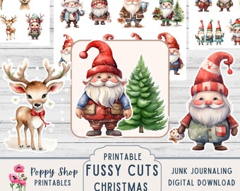 Könnte beinhalten: Ausdruckbare Weihnachtszwerg-Fussy Cuts zum Junk Journaling. Der digitale Download enthält eine Auswahl an Zwergen, Rentieren und einem Weihnachtsbaum.