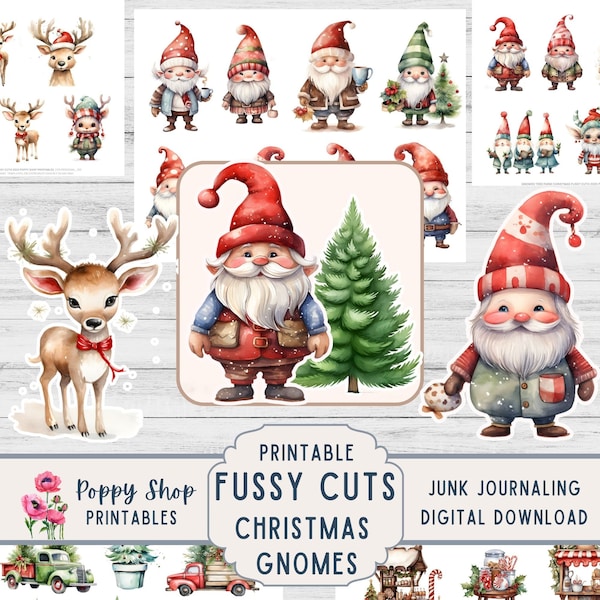 Christmas Gnome Fussy Cuts, Printable, Trees, Greenery, Reindeer, Whimsical, Fussy Cuts, Junk Journal, Ephemera, Embellishments, Download