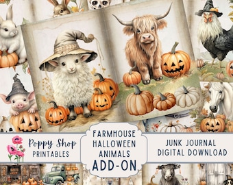 May include: A digital download of farmhouse Halloween animal illustrations for junk journaling. The images feature a variety of animals, including a pig, a lamb, a cow, a rooster, and a horse, all dressed in Halloween costumes and surrounded by pumpkins.