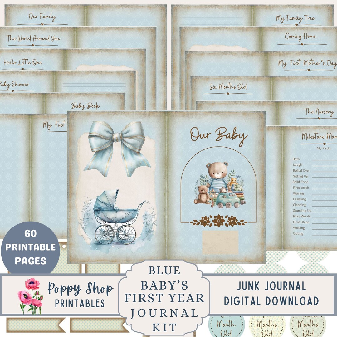 Baby's First Year, Baby Boy, Junk Journal Kit, Blue, Baby Journal, Gift