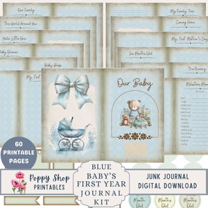 Baby's eerste jaar, babyjongen, Junk Journal Kit, blauw, babyjournaal, cadeau-idee, baby-ephemera, afdrukbaar, geheugenboek, babyboek, download