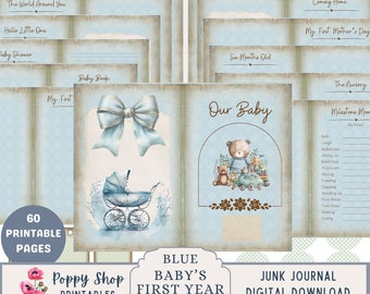 Baby's First Year, Baby Boy, Junk Journal Kit, Blue, Baby Journal, Gift Idea, Baby Ephemera, Printable, Memory Book, Baby Book, Download