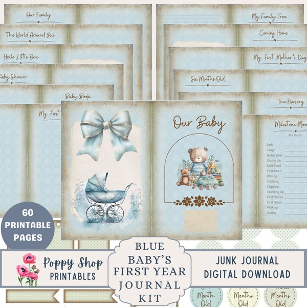 Baby's First Year, Baby Boy, Junk Journal Kit, Blue, Baby Journal, Gift Idea, Baby Ephemera, Printable, Memory Book, Baby Book, Download