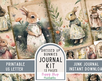 Vintage Bunny Junk Journal Pages and Ephemera Kit, Rabbit with Dress Printable, Instant Download
