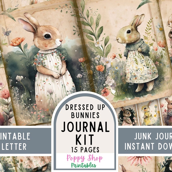 Bunny Junk Journal Kit, Vintage Bunny, Rabbit, Bunny in Dress, Journal Pages, Junk Journal, Rabbit Ephemera, Printable, Scrapbook, Download