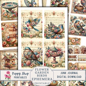 Pássaros efêmeros, flores, jardim, pássaros vintage, kit de diário de lixo, para impressão, coisas efêmeras, colagem digital, diário de lixo para impressão, kit digital