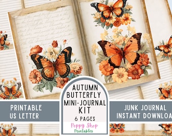 Autumn Butterfly Journal Pages, Printable Journal Pages, Lined Journal Pages, Vintage, Butterfly, Stationary, Junk Journal, Instant Download