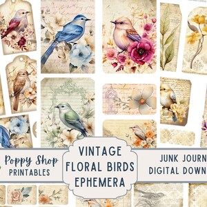 Efemere vogels, vintage, bloemen vogels, ongewenste dagboek, kortstondige natuur, journaling-benodigdheden, afdrukbaar, tags, plakboek, digitale download