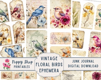 Vintage Bird Ephemera, Floral Junk Journal, Printable Tags, Digital Download
