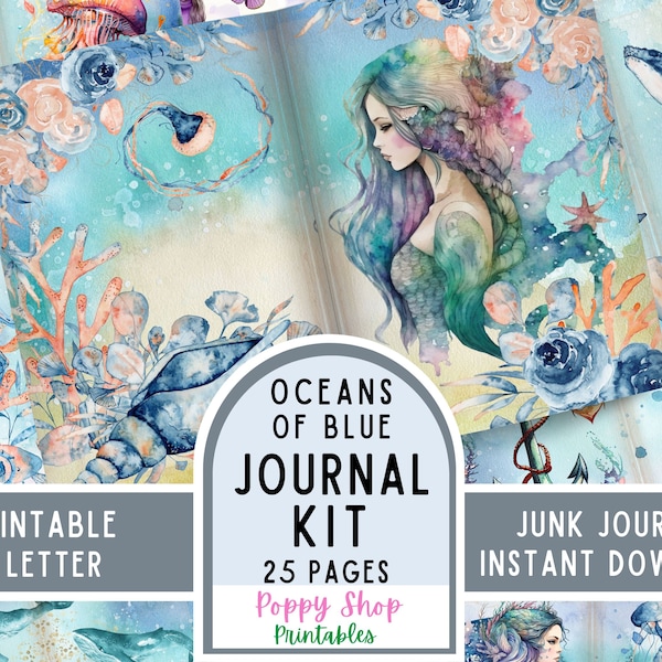 Ocean Junk Journal Kit, Sea Life Printable Junk Journal, Printable, Journal Pages, Whales, Mermaid, Ephemera, Scrapbook, Instant Download