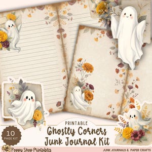 May include: A printable junk journal kit with a vintage aesthetic. The kit includes lined paper, decorative pages, and stickers. Each element features a cute ghost illustration and floral accents in shades of yellow, orange, and purple. The text reads "Ghostly Corners Junk Journal Kit".