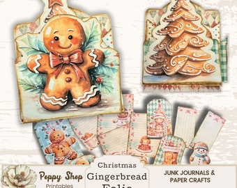 Op de afbeelding: Printbare kerst gingerbread folio met een gingerbread man en een gingerbread boom. De folio bevat tags, papieren en andere versieringen voor junk journals en papier ambachten. De tekst "Poppy Shop Printables" en "Christmas Gingerbread Folio Printable" is opgenomen in de afbeelding.