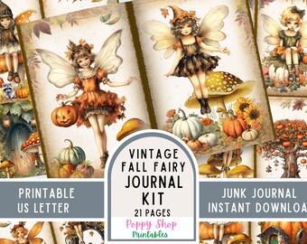 May include: A printable junk journal kit featuring vintage fall fairy illustrations. The kit includes 21 pages with images of fairies, pumpkins, mushrooms, and other autumnal elements. The text on the image reads "Vintage Fall Fairy Journal Kit 21 Pages Poppy Shop Printables Junk Journal Instant Download Printable US Letter".