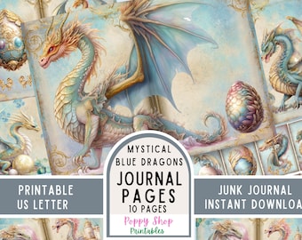 Dragon Journal Pages, Mystical Dragon, Junk Journal Kit, Blue, Fantasy, Junk Journal, Junk Journal Paper, Craft, Printable, Digital Download