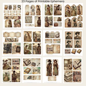 May include: A set of 23 printable digital papers featuring vintage illustrations of a detective, a woman, a car, a magnifying glass, a typewriter, a passport, a book, a clock, and other objects. The papers are in a brown and beige color scheme and have a distressed look.