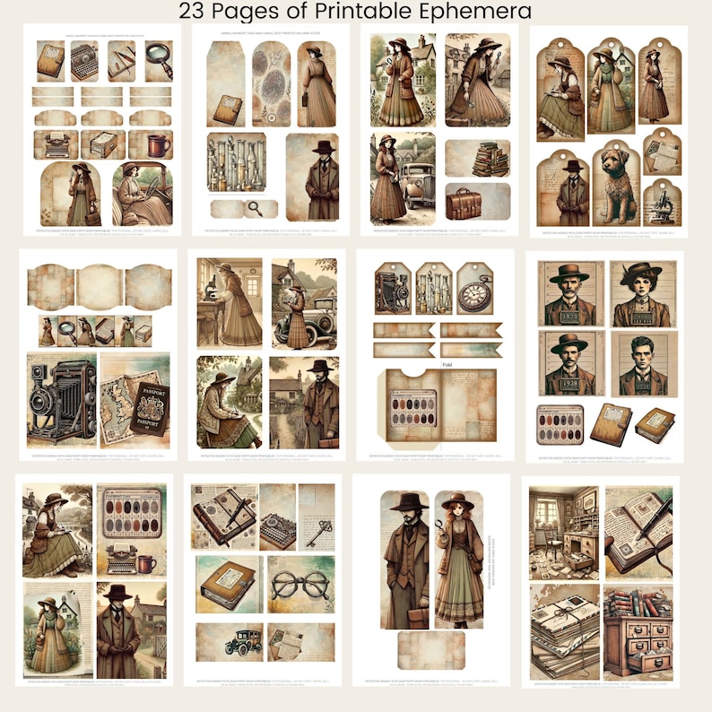 May include: A set of 23 printable digital papers featuring vintage illustrations of a detective, a woman, a car, a magnifying glass, a typewriter, a passport, a book, a clock, and other objects. The papers are in a brown and beige color scheme and have a distressed look.