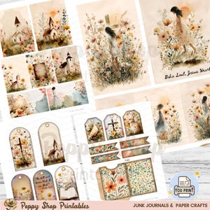 May include: A collection of printable junk journal pages and tags with watercolor illustrations. The designs feature churches, crosses, flowers, doves, and a woman. The text includes "Boho Soul, Jesus Heart", "Be still and know that I am God", and "YOU PRINT".