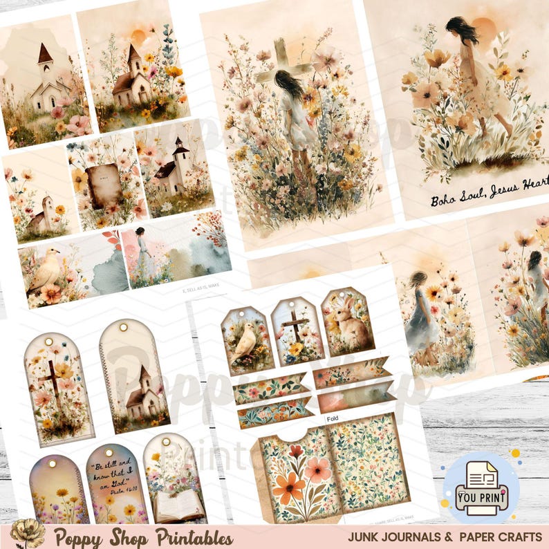 May include: A collection of printable junk journal pages and tags with watercolor illustrations. The designs feature churches, crosses, flowers, doves, and a woman. The text includes "Boho Soul, Jesus Heart", "Be still and know that I am God", and "YOU PRINT".