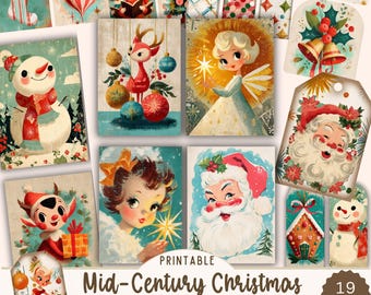 Mid Century Christmas Ephemera | Printable Retro Vintage Holiday Tags, Journaling Cards, Labels, Pockets & Scrapbook Paper Kit