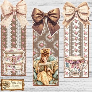May include: Three printable bookmark designs featuring a brown background with a floral pattern. The first bookmark has a brown bow, the second bookmark has a girl reading a book, and the third bookmark has a teacup with a pink bow.