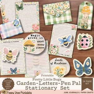 Kit de papeterie correspondant avec papillons abeilles coccinelles, jeu de lettres Cottagecore, enveloppes, étiquettes, coupes difficiles et cartes de journalisation, imprimable