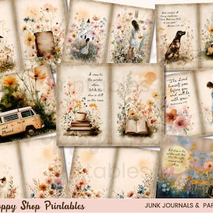 May include: A collection of vintage-style junk journal pages and paper crafts. The pages feature watercolor illustrations of flowers, churches, people, animals, and vehicles. Some pages include inspirational quotes and text. The color palette includes beige, pink, yellow, and green.