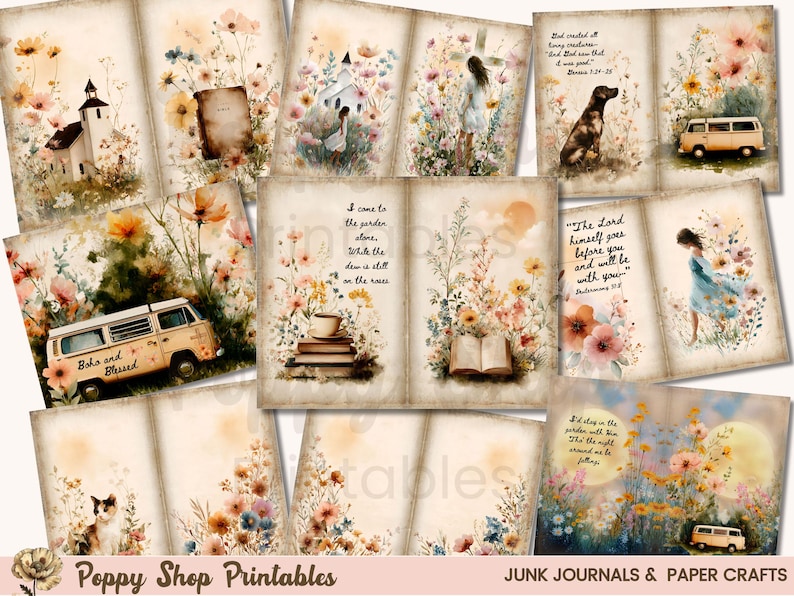 May include: A collection of vintage-style junk journal pages and paper crafts. The pages feature watercolor illustrations of flowers, churches, people, animals, and vehicles. Some pages include inspirational quotes and text. The color palette includes beige, pink, yellow, and green.