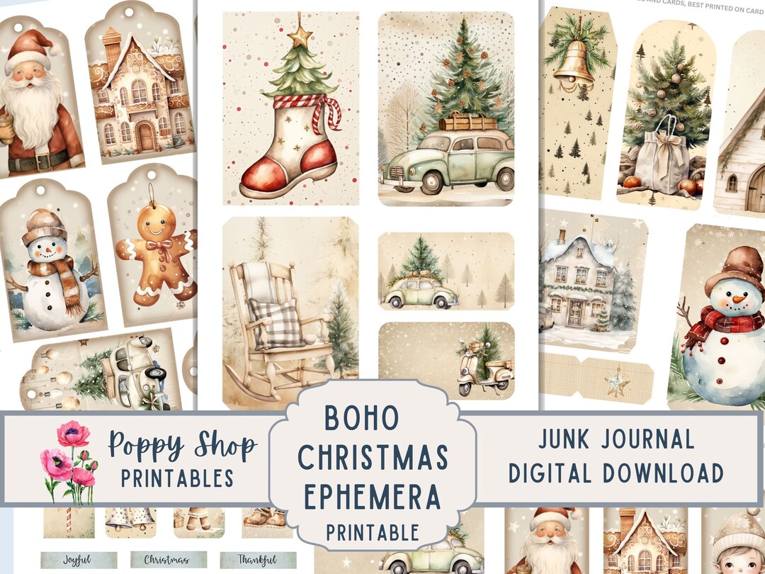 Boho Christmas Ephemera Junk Journal Kit, Neutral Holiday Printable ...