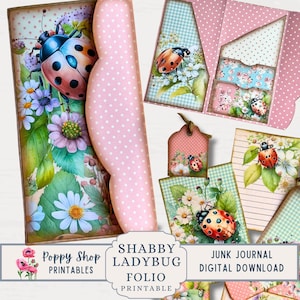 Lieveheersbeestje Junk Journal afdrukbaar folio, armoedig, lieveheersbeestje, lente, opvouwbare zakmap, vintage, folio, kortstondige dagboek, afdrukbaar, download