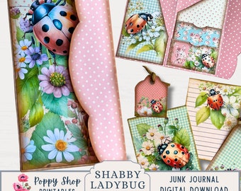 Ladybug Junk Journal Printable Folio, Shabby, Ladybug, Spring, Folding Pocket Folder, Vintage, Folio, Journal Ephemera, Printable, Download