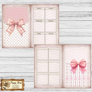 May include: Printable planner pages with a pink and white gingham pattern and a large pink bow. The pages are labeled with the days of the week: Monday, Tuesday, Wednesday, Thursday, Friday, Saturday/Sunday.