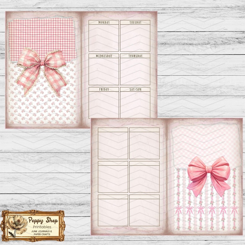 May include: Printable planner pages with a pink and white gingham pattern and a large pink bow. The pages are labeled with the days of the week: Monday, Tuesday, Wednesday, Thursday, Friday, Saturday/Sunday.