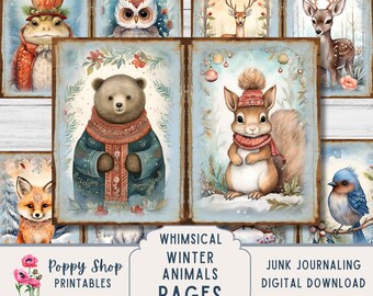 Op de afbeelding: Negen printbare pagina's met grillige winterdieren. Elke pagina is 5x7 inch groot en toont een ander dier, waaronder een beer, een uil, een vos, een eekhoorn, een hert, een kikker en een blauwe vogel. De pagina's zijn perfect voor junk journaling of andere knutselprojecten.