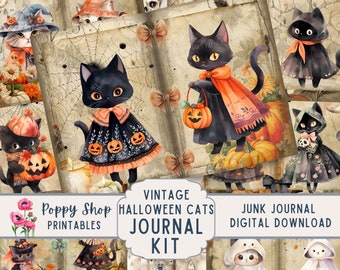 Vintage Cats Halloween Junk Journal Kit, Retro Cat, Halloween, Journal Pages, Junk Journal, Halloween Ephemera, Afdrukbaar, Digitale Download