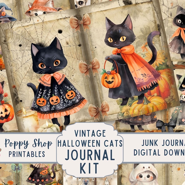 Vintage Cats Halloween Junk Journal Kit, Retro Cat, Halloween, Journal Pages, Junk Journal, Halloween Ephemera, Printable, Digital Download