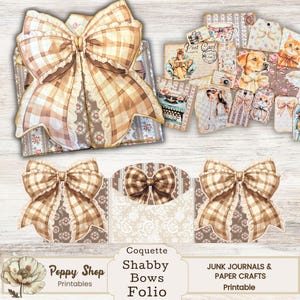 Carpeta con bolsillos plegables, estilo shabby chic, coqueta, lazos, kit de carpeta imprimible, cottagecore, carpeta de diario basura, diario efímero, soporte