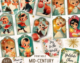 Printable Mid Century Christmas Tags Set Two, Retro Holiday Gift Tags, Vintage Kitsch Christmas Decor, 1950s Cute Animals & Angels