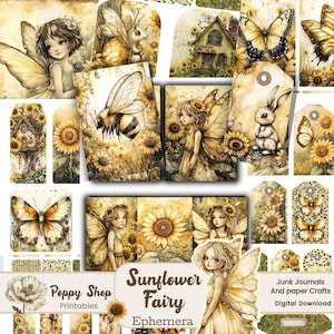 Sunflower Junk Journal Ephemera, Fairy Ephemera, Fairy Junk Journal Kit, Summer Ephemera, Sunflower Printable, Sunflower digital papers