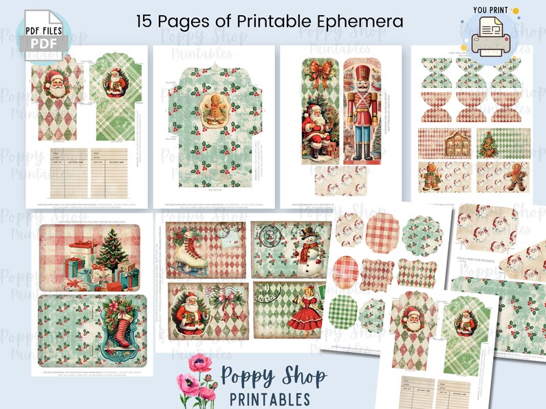 Op de afbeelding: Een verzameling afdrukbare ephemera-pagina's met een vintage kerstthema. De pagina's bevatten afbeeldingen van de kerstman, notenkrakers, peperkoekmannen en andere feestelijke ontwerpen in rood, groen en cr&egrave;me. De tekst "15 Pages of Printable Ephemera" is zichtbaar.