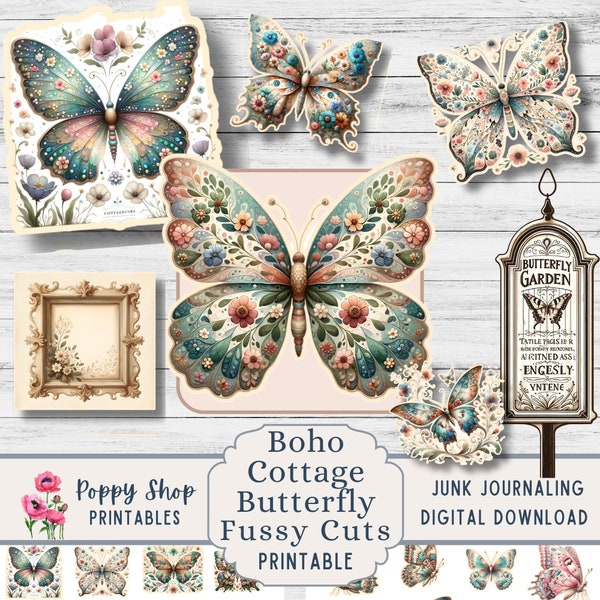Fussy Cut Butterfly, Vintage, Fussy Cut Printable, Floral, Boho, Cottagecore, Junk Journal, Scrapbooking, Ephemera, Embellishments, Download