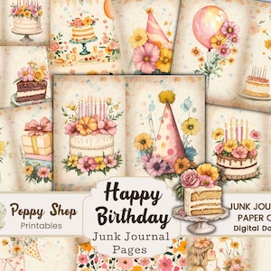Birthday Junk Journal, Happy Birthday Paper, Card, Birthday Pages, Journal Pages, Birthday Printable, Scrapbook, Ephemera, Decoupage, Girl