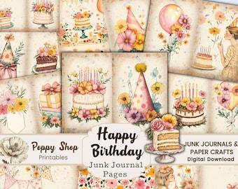 Puede incluir: Un conjunto de 10 páginas digitales imprimibles con ilustraciones de acuarela de pasteles de cumpleaños, flores y sombreros de fiesta. Las páginas están diseñadas para su uso en diarios de desecho y manualidades de papel. El texto "Feliz cumpleaños" y "Páginas de diario de desecho" está incluido en las páginas.