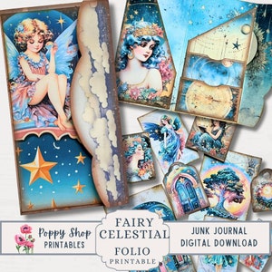 Folio imprimable Celestial Junk Journal, fée, galaxie, fantaisie, folio, pochette pliante, vintage, journal éphémère, imprimable, téléchargement